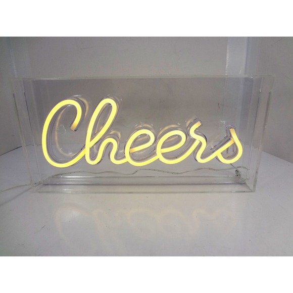 Cheers Neon Sign Yellow LED Light Clear Acrylic Box Tabletop Wall Decor Bar Sign
